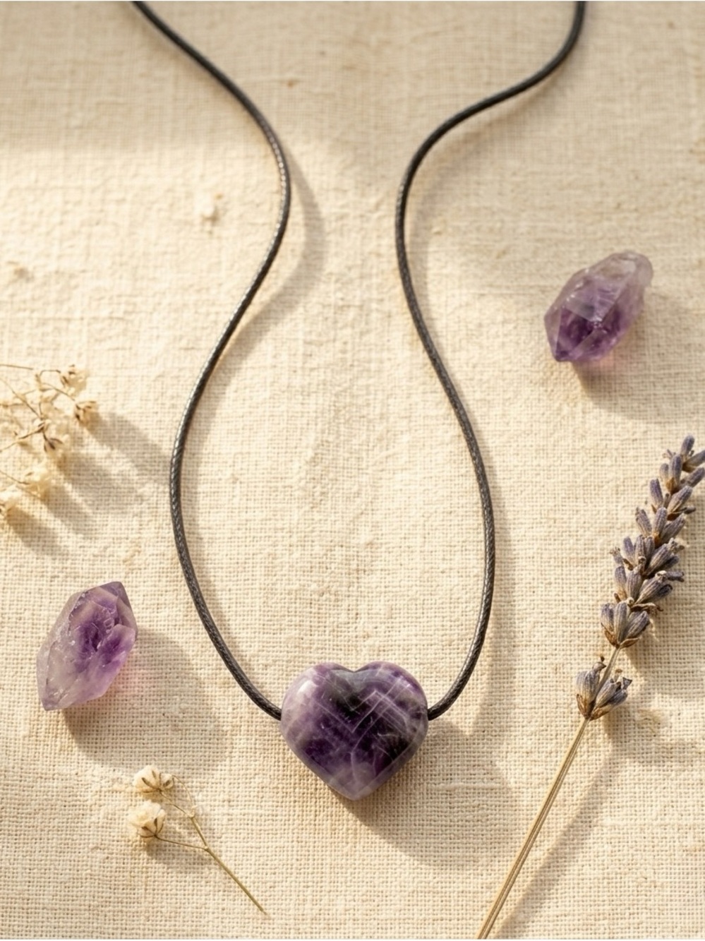 Natural Amethyst Heart Crystal Choker Necklace Wax Cord Healing Gemstone